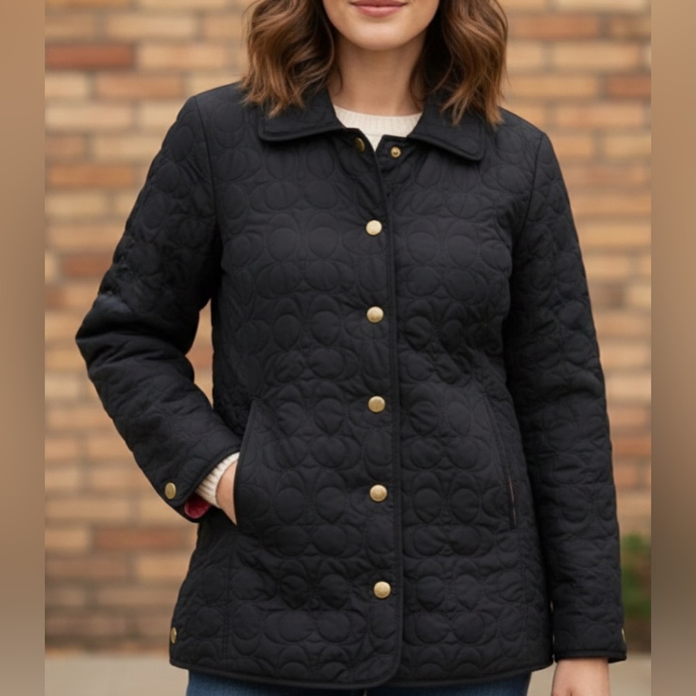 Vintage COACH Signature Black Quilted Barn Jacket Pink Satin Lining